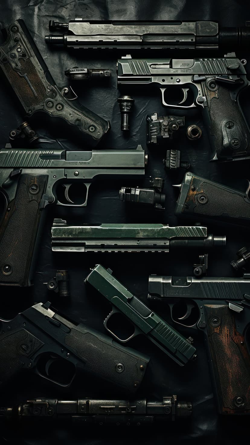Semi-automatic pistols and metallic gun components arranged on a dark textured surface with dramatic lighting.
