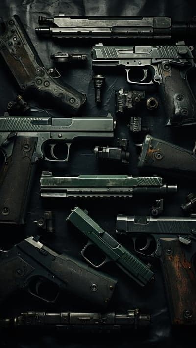 Assorted Handguns and Firearm Components on Dark Surface
