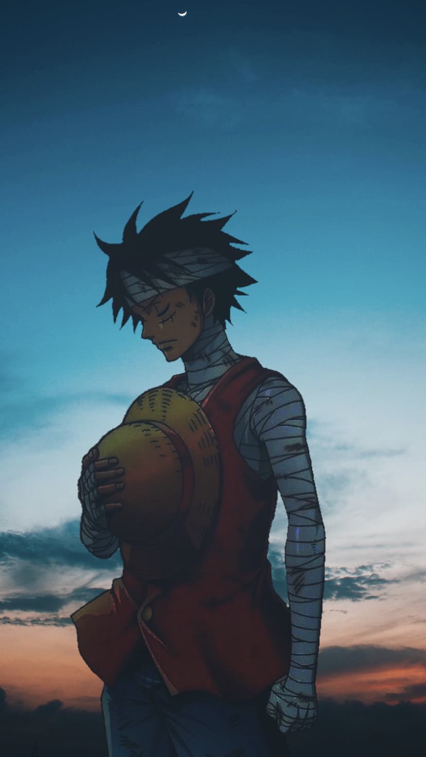 Bandaged anime man bows his head while clutching a straw hat against a dark blue and orange sunset sky.