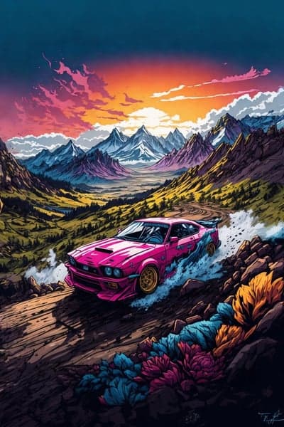 Pink car drifting mountain road sunset vibrant retro art