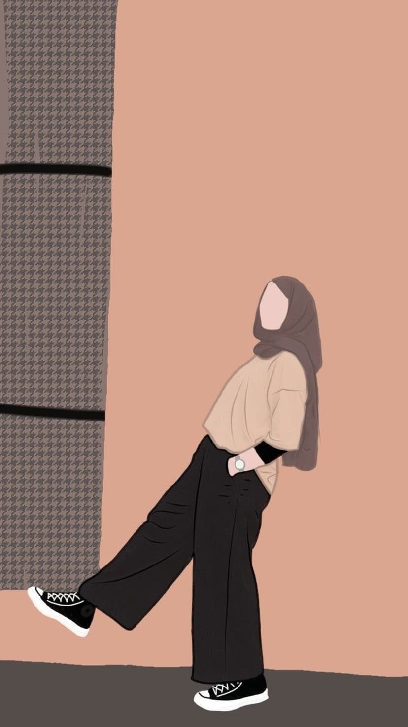 Faceless woman in a brown hijab and beige top stands against a peach wall wearing black high-top sneakers.