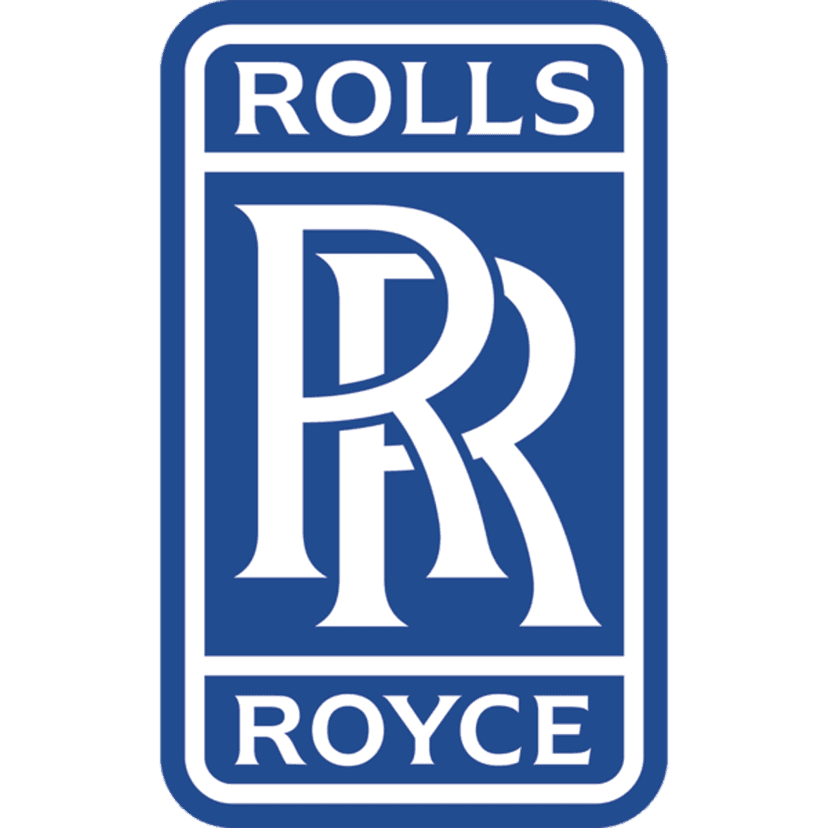 Rolls Royce logo in blue shows two silver R letters overlapping inside a rectangular border on transparent background.