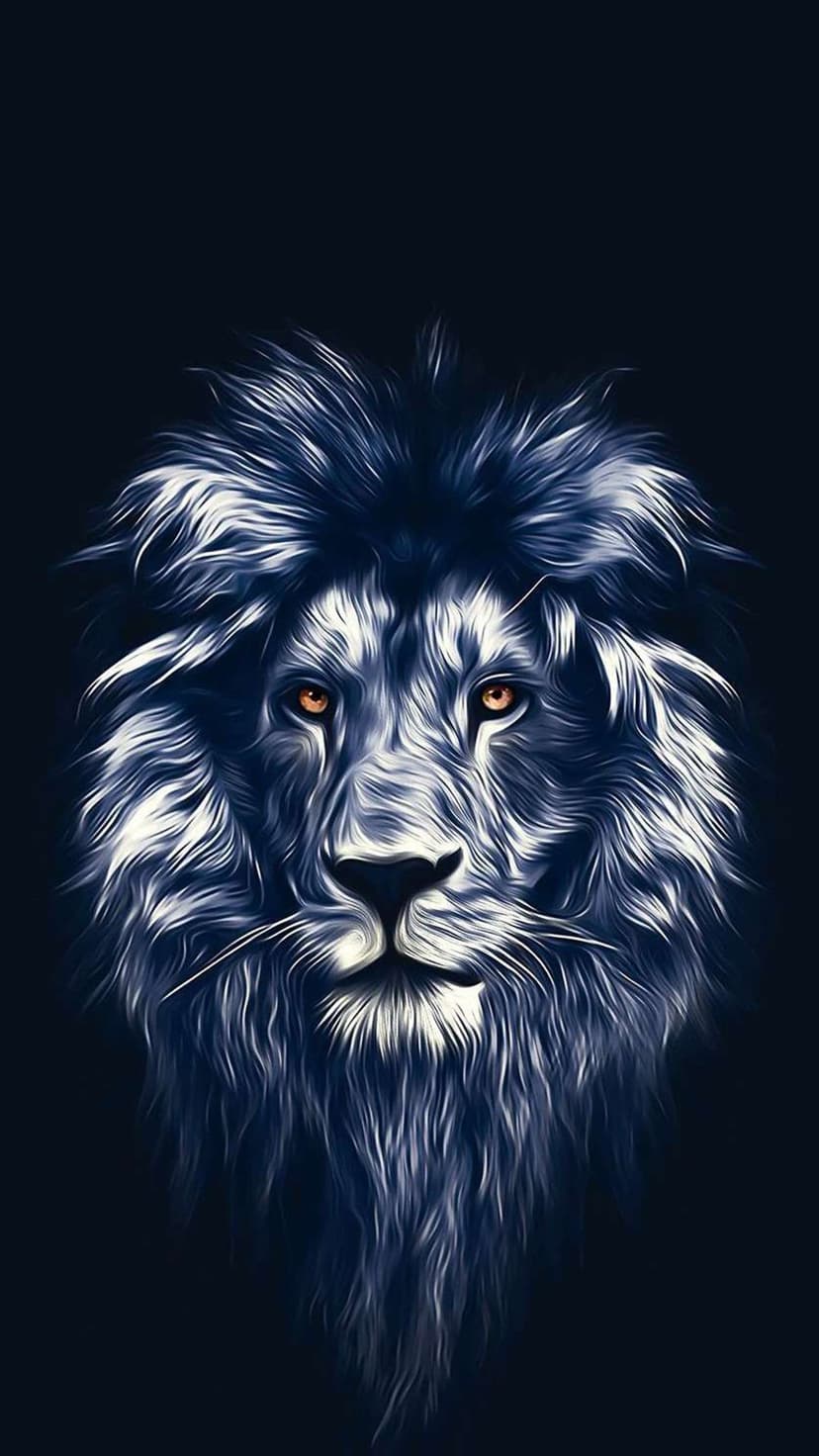Lion with navy blue fur and glowing orange eyes gazes forward from a deep black, atmospheric background.