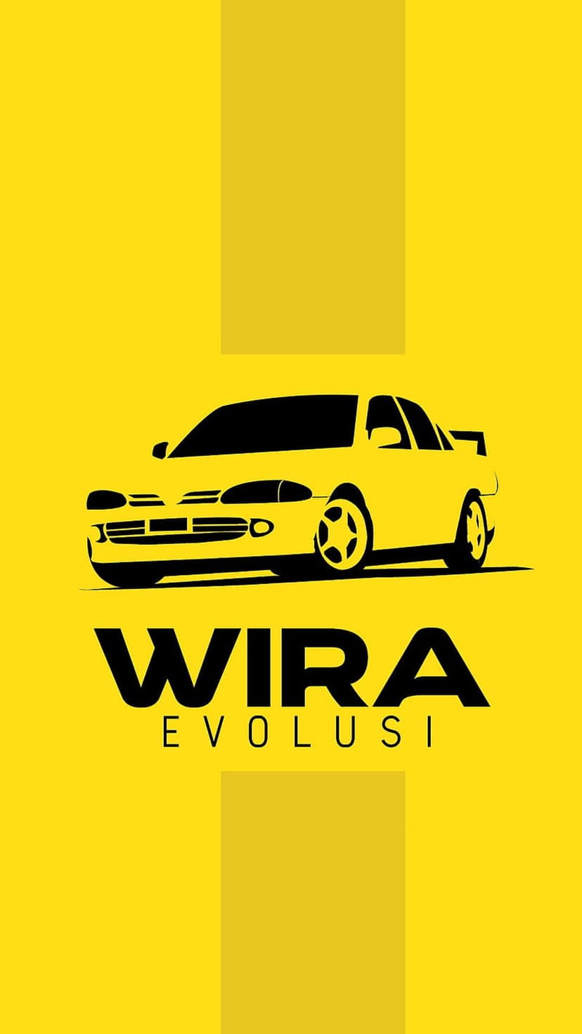 Proton Wira Evolusi black car silhouette on a solid yellow background with Wira Evolusi text at the bottom.