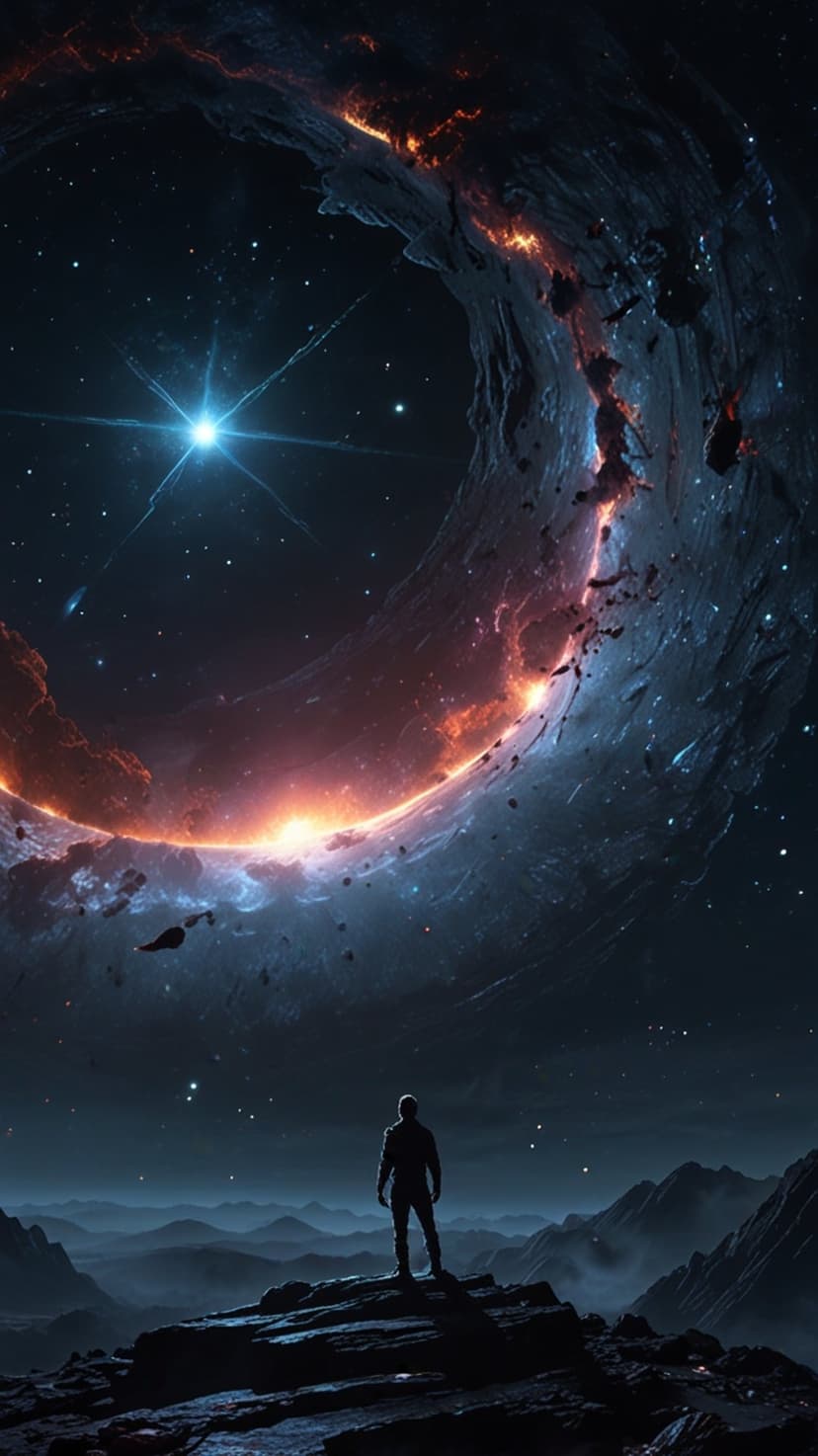 Silhouette of a person standing on a cliff edge facing a giant glowing orange ring in a dark starry nebula.