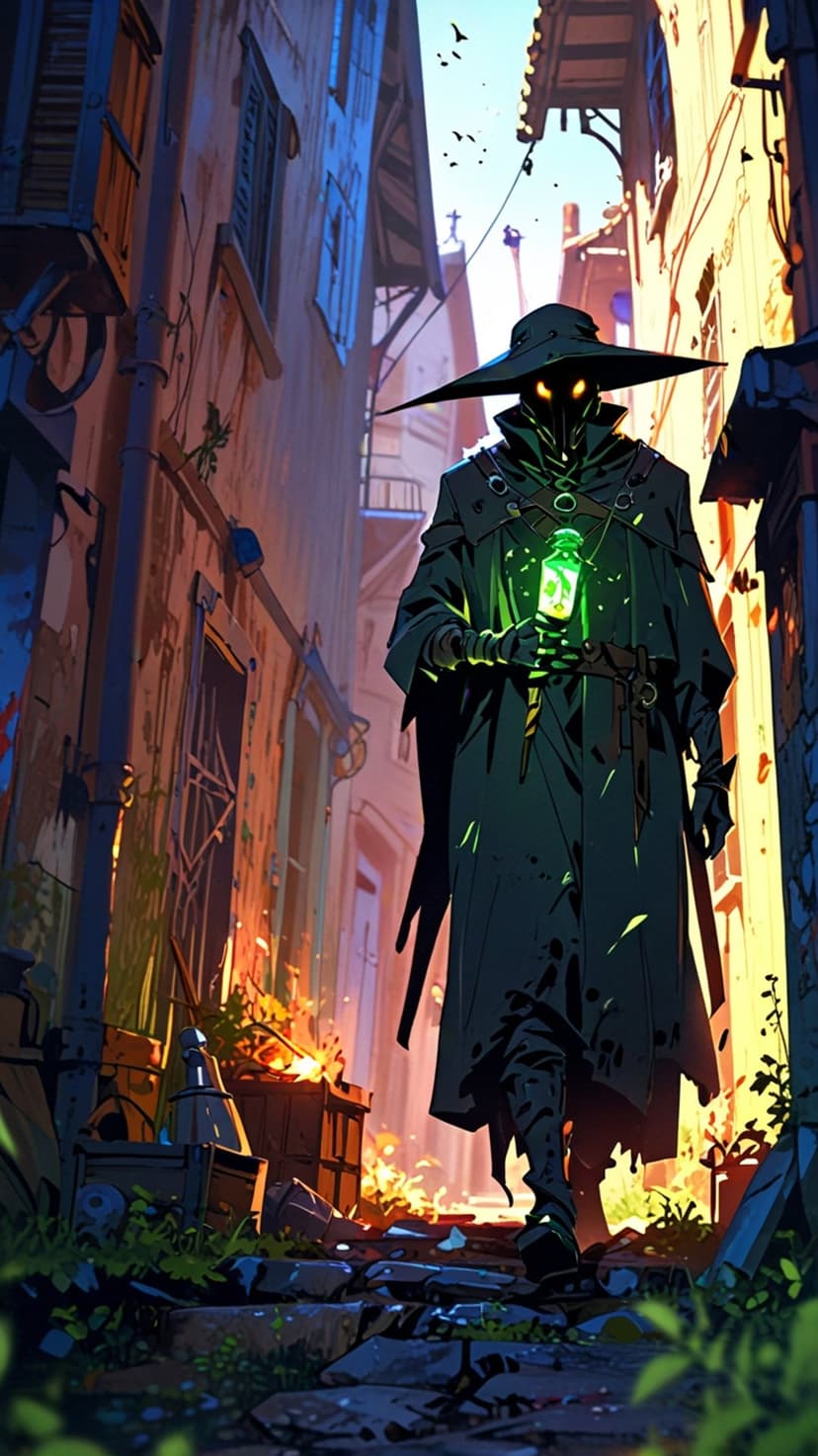 Plague doctor with a bird mask carries a glowing green vial through a dark stone alleyway beneath flying birds.