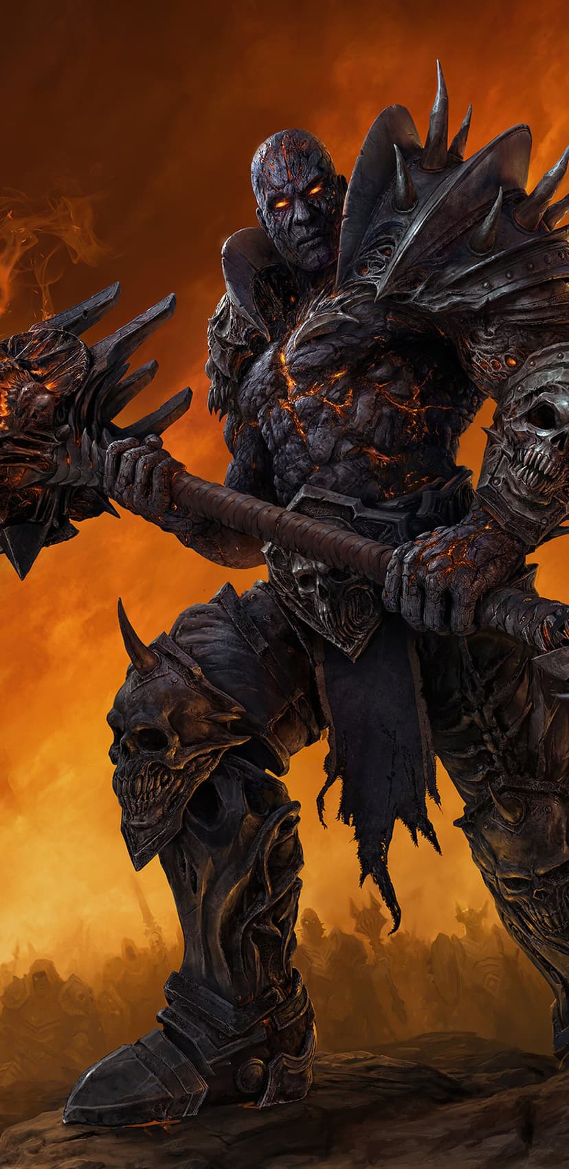 Burnt warrior in spiked skull armor holding a giant mace against a fiery orange battlefield with an army.