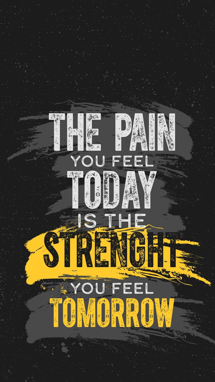 Bold quote text Pain Today is Strength Tomorrow layered over yellow and gray brushstrokes on a dark textured base.