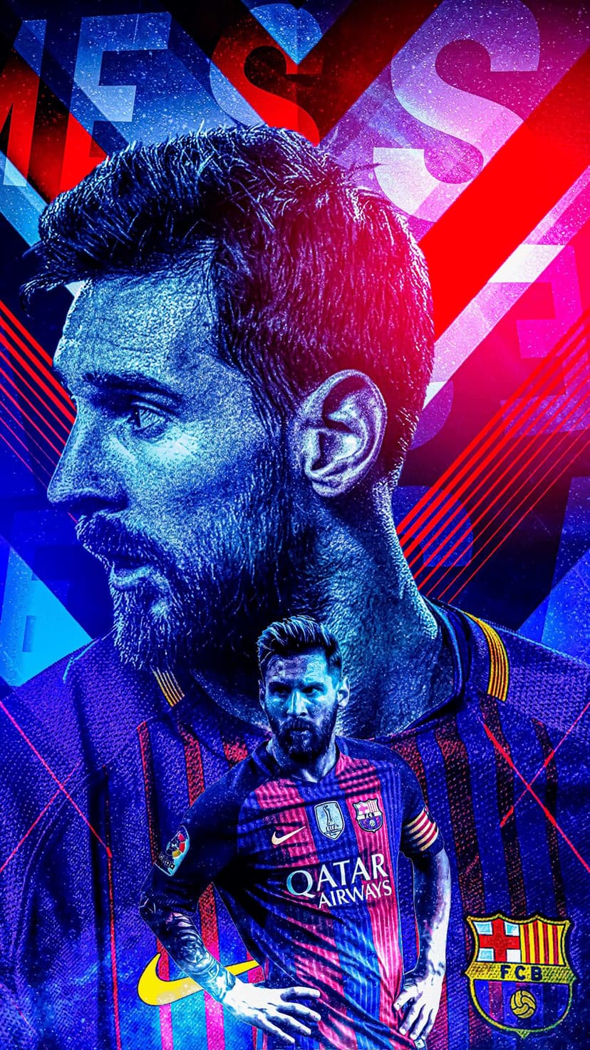 Lionel Messi in a striped jersey with luminous blue and magenta highlights across his face and dark hair.