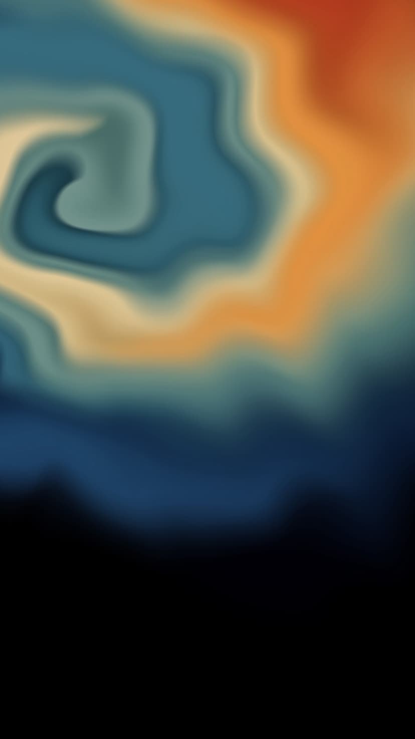 Swirling blue and orange fluid patterns blend into a black base with smooth organic gradients and soft curves.