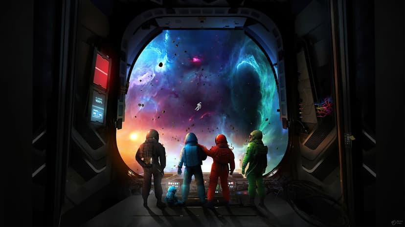 Four colorful astronauts stand before a large round window looking out at a vibrant purple and blue space nebula.