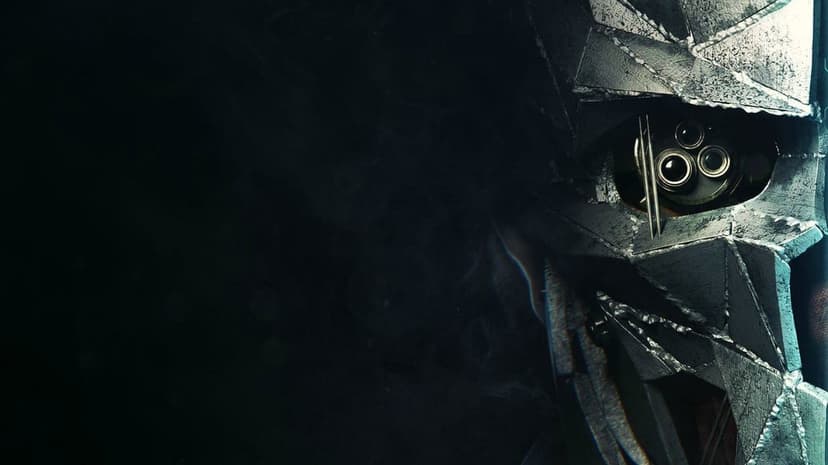 Weathered metallic mask with multiple optical lenses against a dark smoky background in a side profile view.
