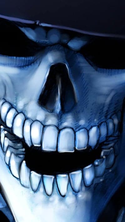Spooky Blue Skull with Wide Grin Wallpaper