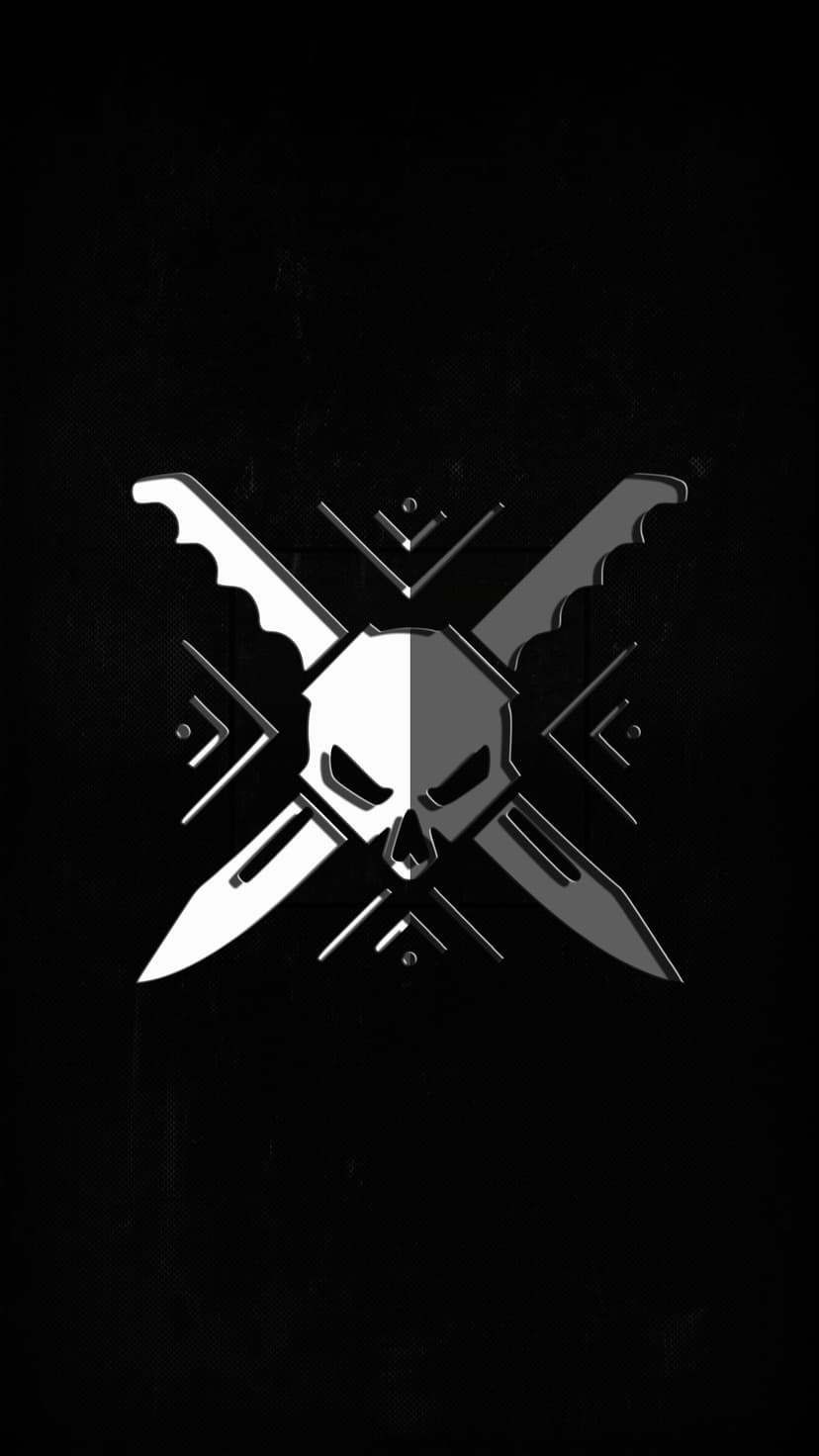 Skull split in black and white with two intersecting knives centered on a dark, textured vertical surface.