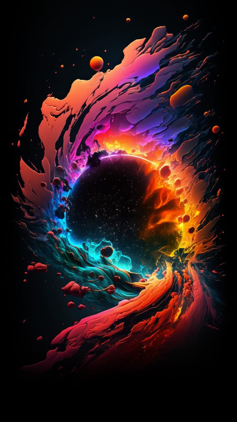 Swirling purple and orange nebula gases surround distant planets against a dark, star-filled cosmic background.
