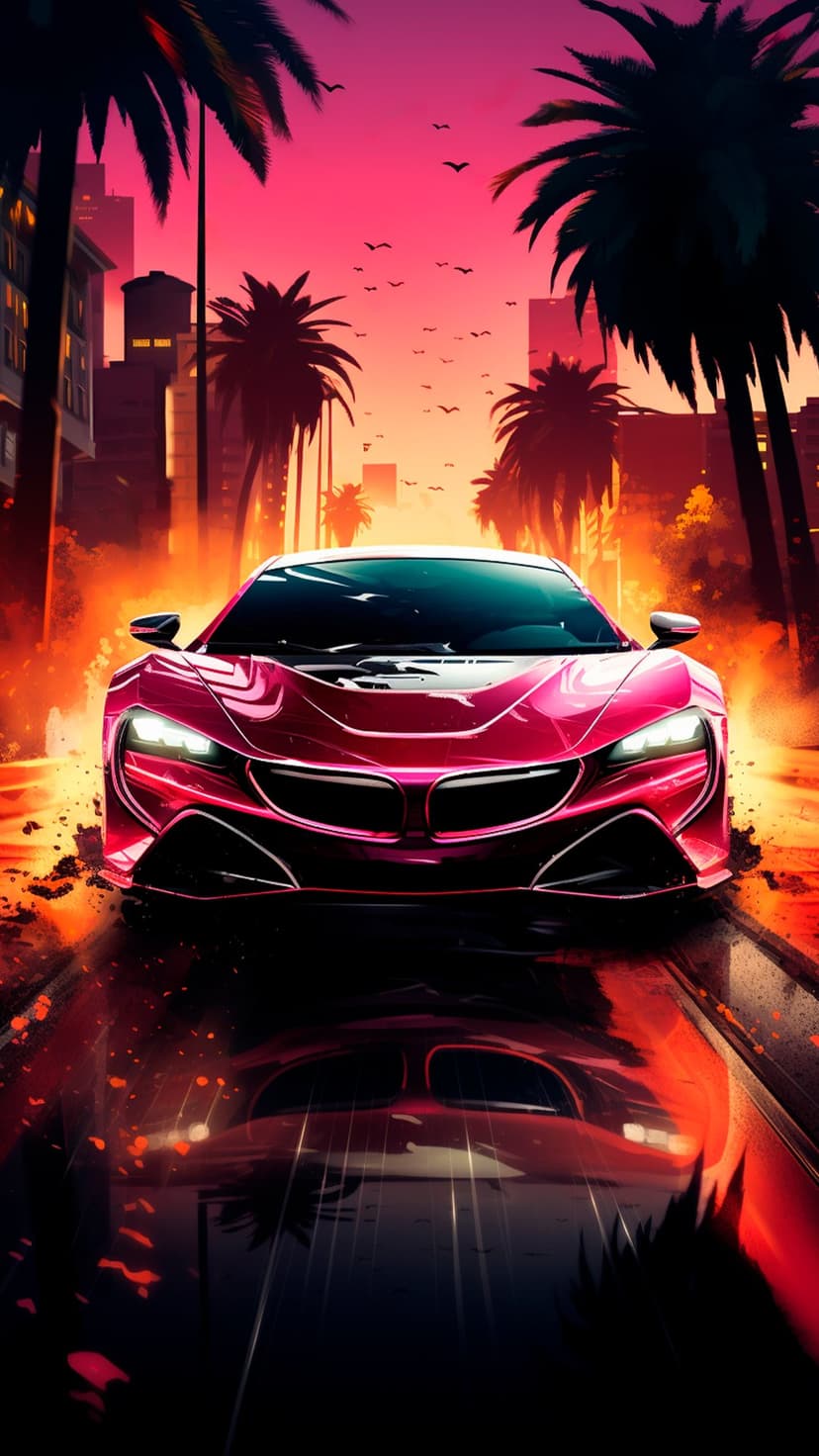 Crimson sports car racing on a wet city street reflecting a vibrant pink and orange sunset sky with palm trees.