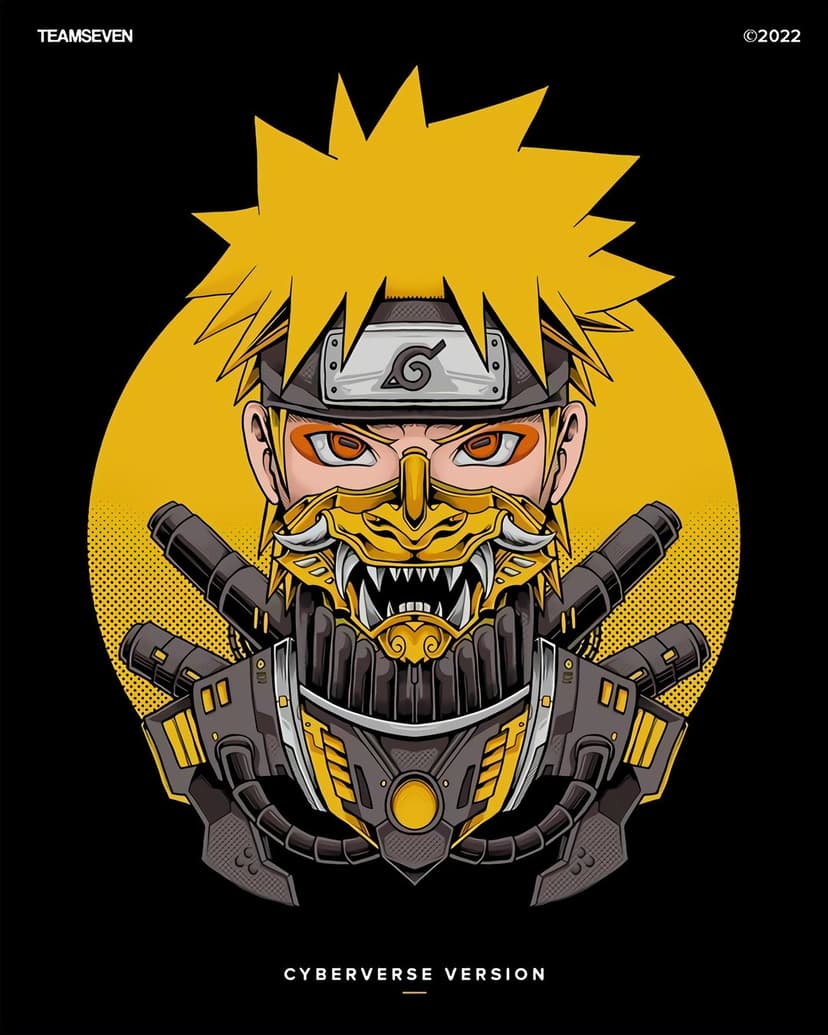 Naruto Uzumaki wears a gold oni mask and mechanical armor with a glowing yellow halo on a dark background.