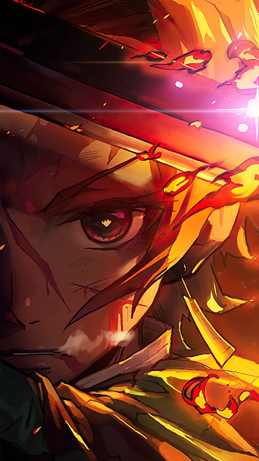 Piercing scarlet iris and furrowed brow glow amidst swirling orange embers and thick smoke in a facial close-up.