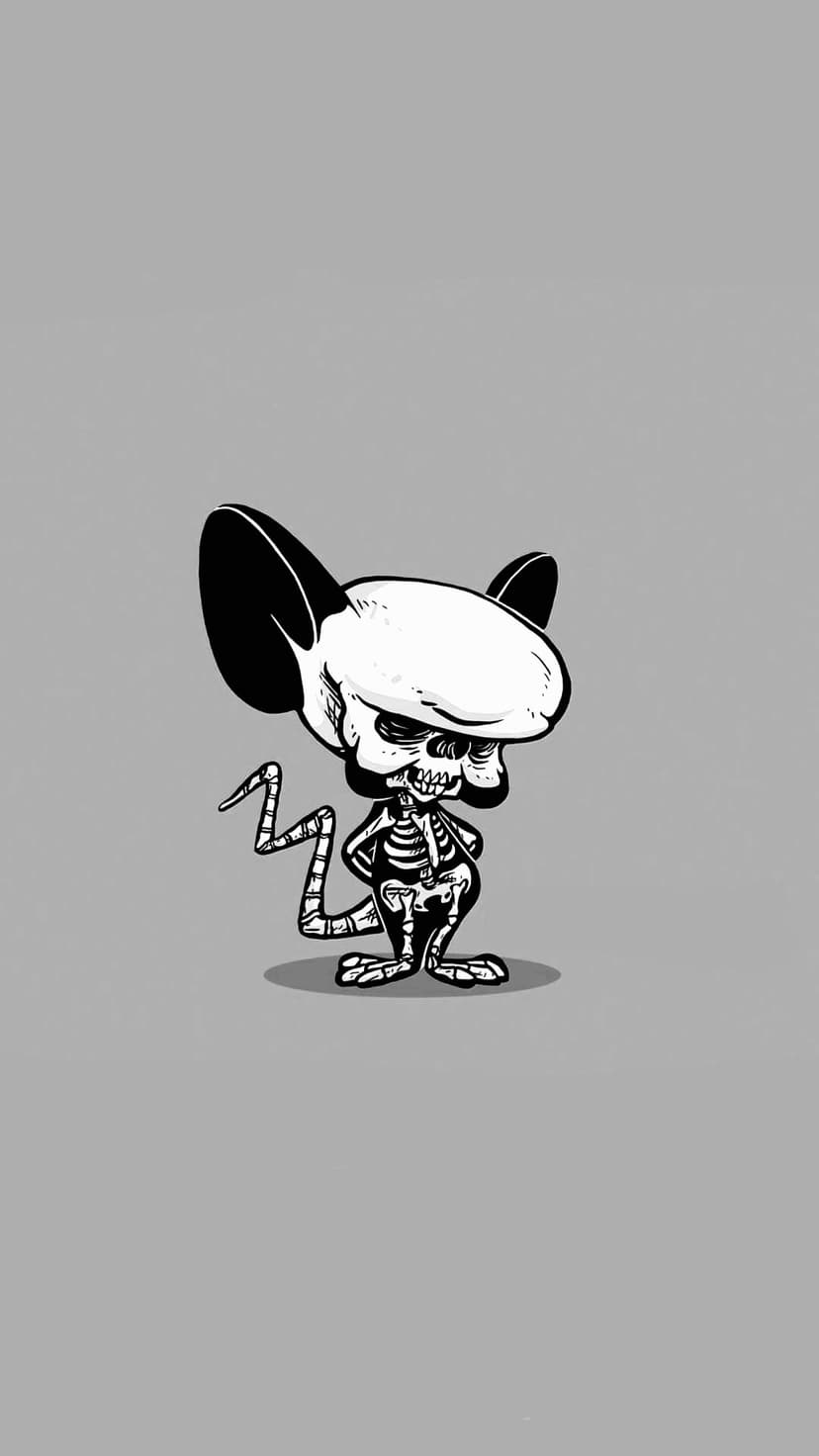 Mouse skeleton featuring prominent ribs, a long spine, and oversized ears centered on a solid gray backdrop.