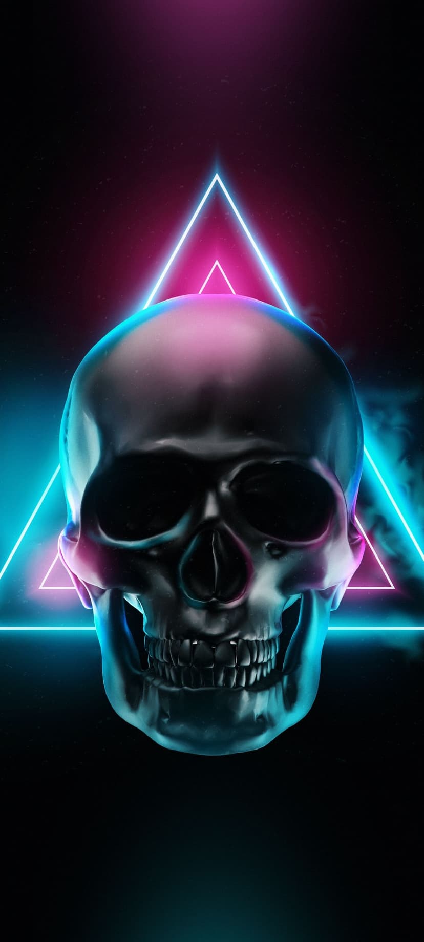 Polished metallic skull framed by a glowing neon pink and blue triangle amidst swirling dark atmospheric smoke.