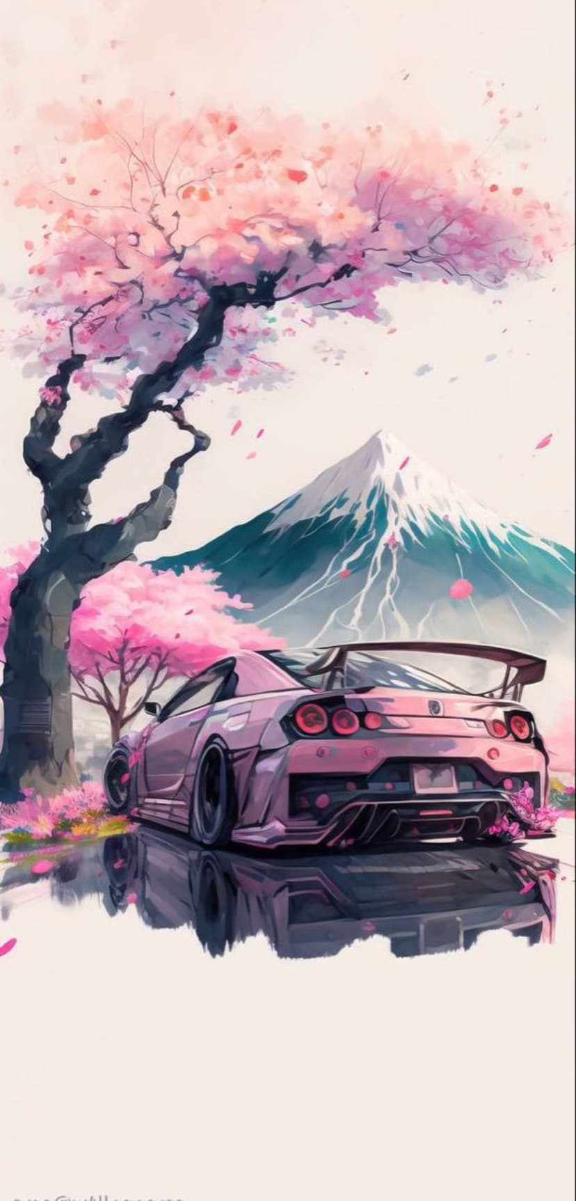 Pink sports car parked under a blooming cherry tree with Mt. Fuji and falling petals in the background.