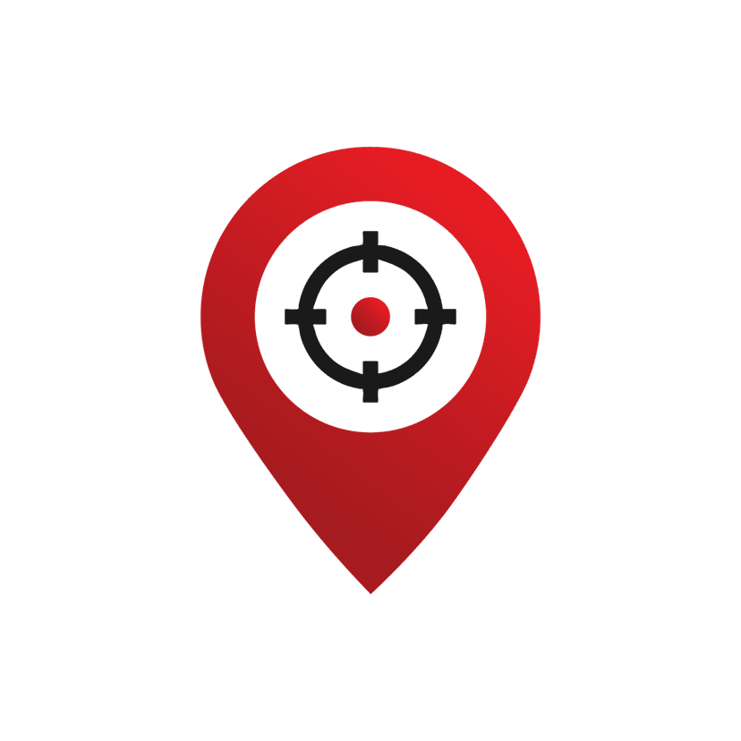 Red location pin marker featuring a dark crosshair symbol in the center with a glossy finish and sharp edges.