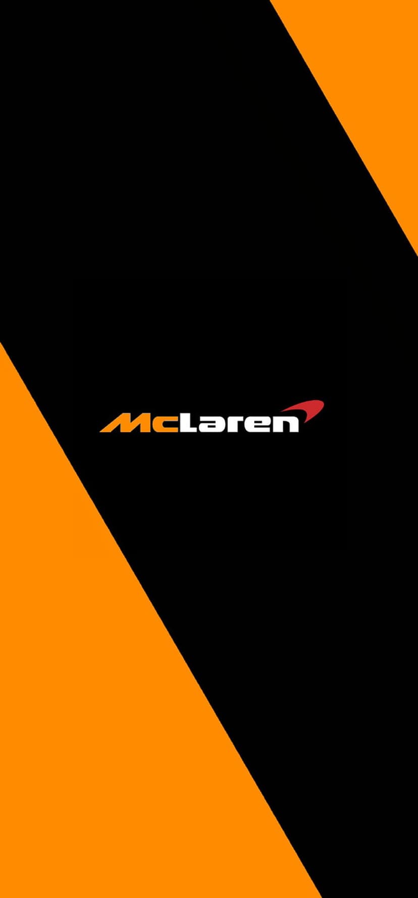 McLaren logo in white and red centered over a diagonal split of matte black and bright papaya orange backgrounds.