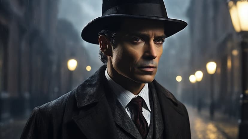 Man in a fedora and trench coat stands on a foggy city street at night with moody cinematic lighting.