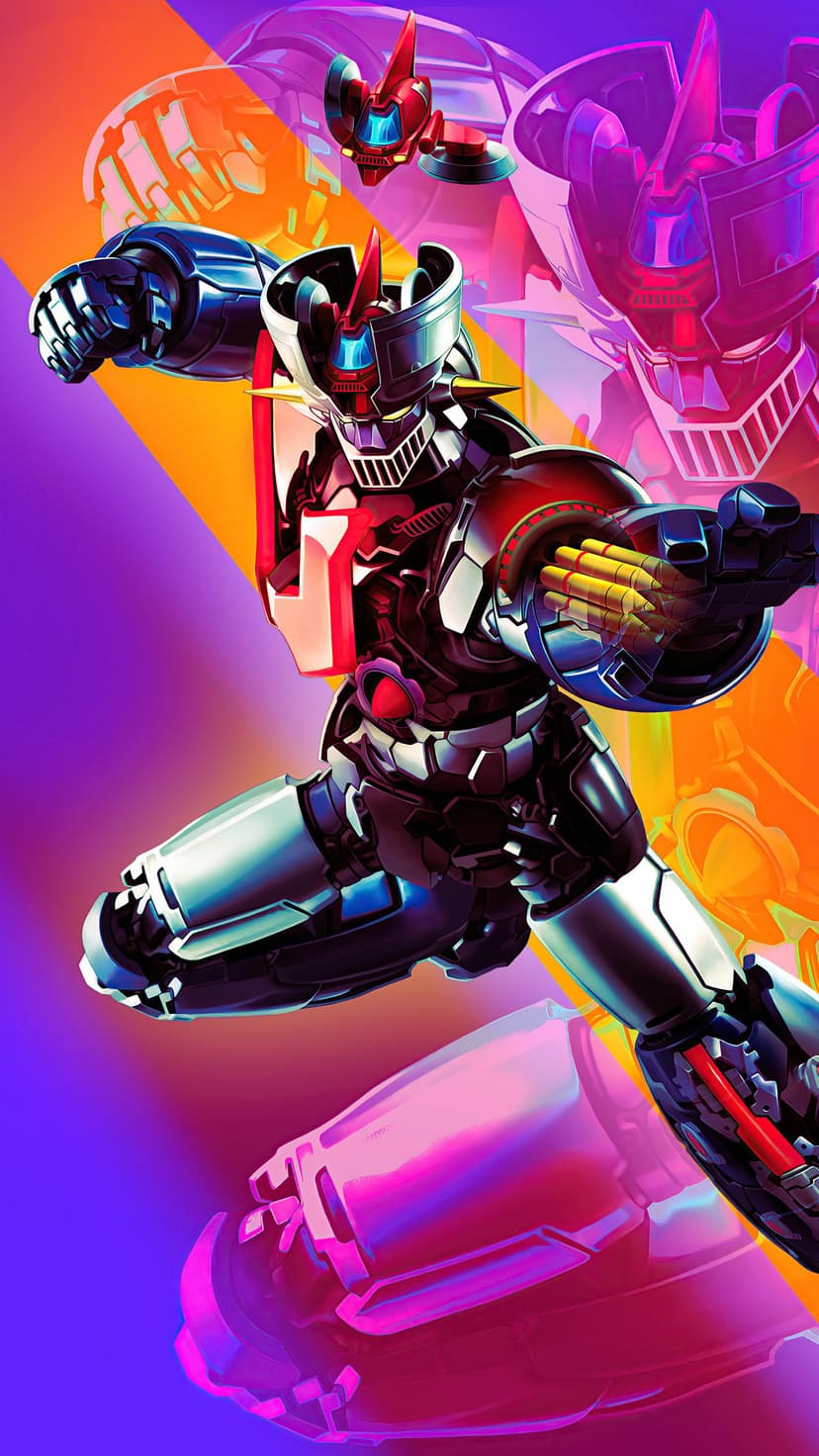 Mecha robot in a dynamic pose with neon orange and purple lighting, showing detailed armor and inner machinery.