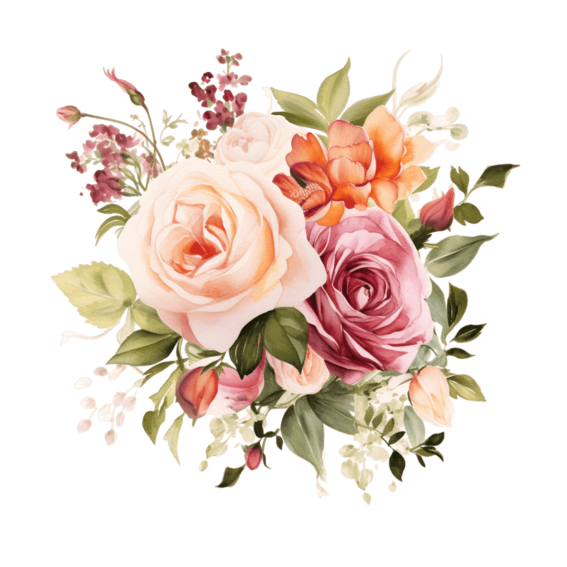 Pink and orange roses bundled with green leaves in a realistic floral bouquet on a transparent background.