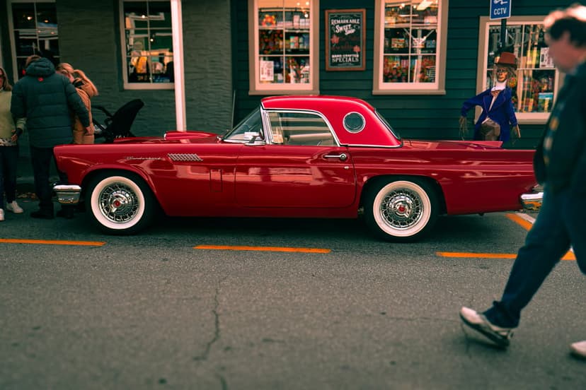 Red classic Ford Thunderbird with a porthole hardtop parked on a city street near storefronts and a mannequin.