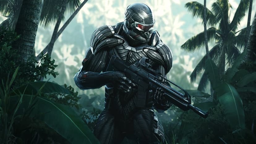 Soldier in a carbon fiber nanosuit holding a rifle in a dense tropical jungle with palm trees and soft light.