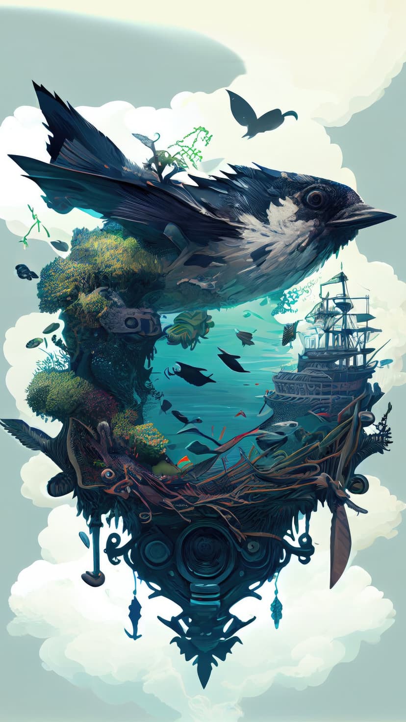 Giant bird perches on a floating island above a submerged wooden ship in clear turquoise water with fish.