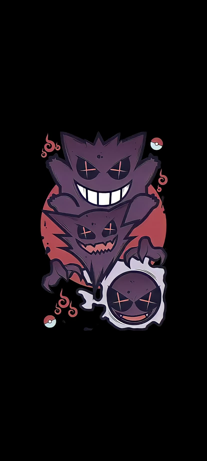 Gengar, Haunter, and Gastly with red X eyes and wide grins against a red sun and black background.