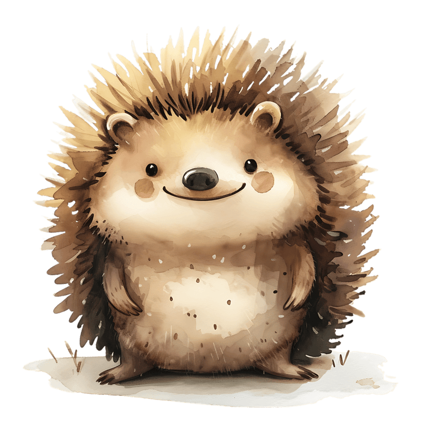 Hedgehog watercolor illustration with brown spiky fur standing on a green grass patch against a white backdrop.