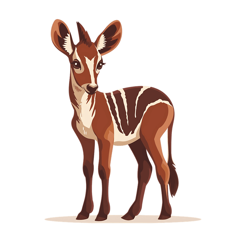 Bongo antelope illustration shows reddish-brown fur with white stripes, large ears, and bold black outlines.