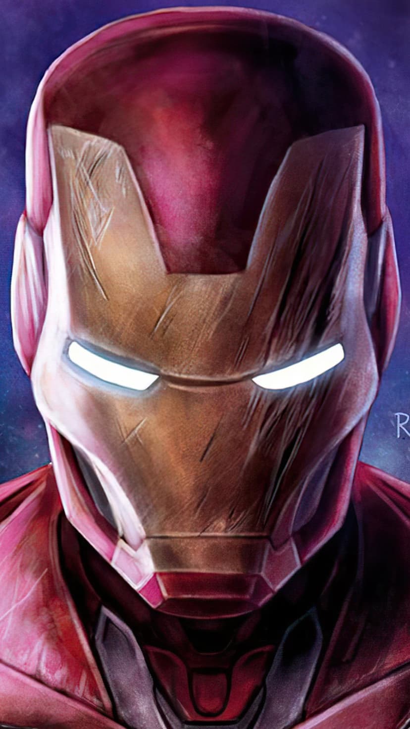 Iron Man helmet with glowing eyes and scratched red armor sits before a swirling nebula and starlit galaxy.