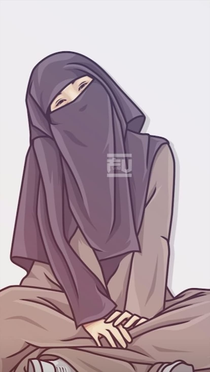 Muslim girl in a purple hijab and black niqab sits with crossed legs while wearing modest earth-tone clothing.