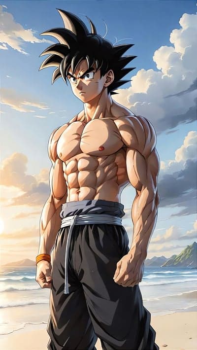 Muscular Anime Hero Beach Sunset Portrait Mobile Wallpaper