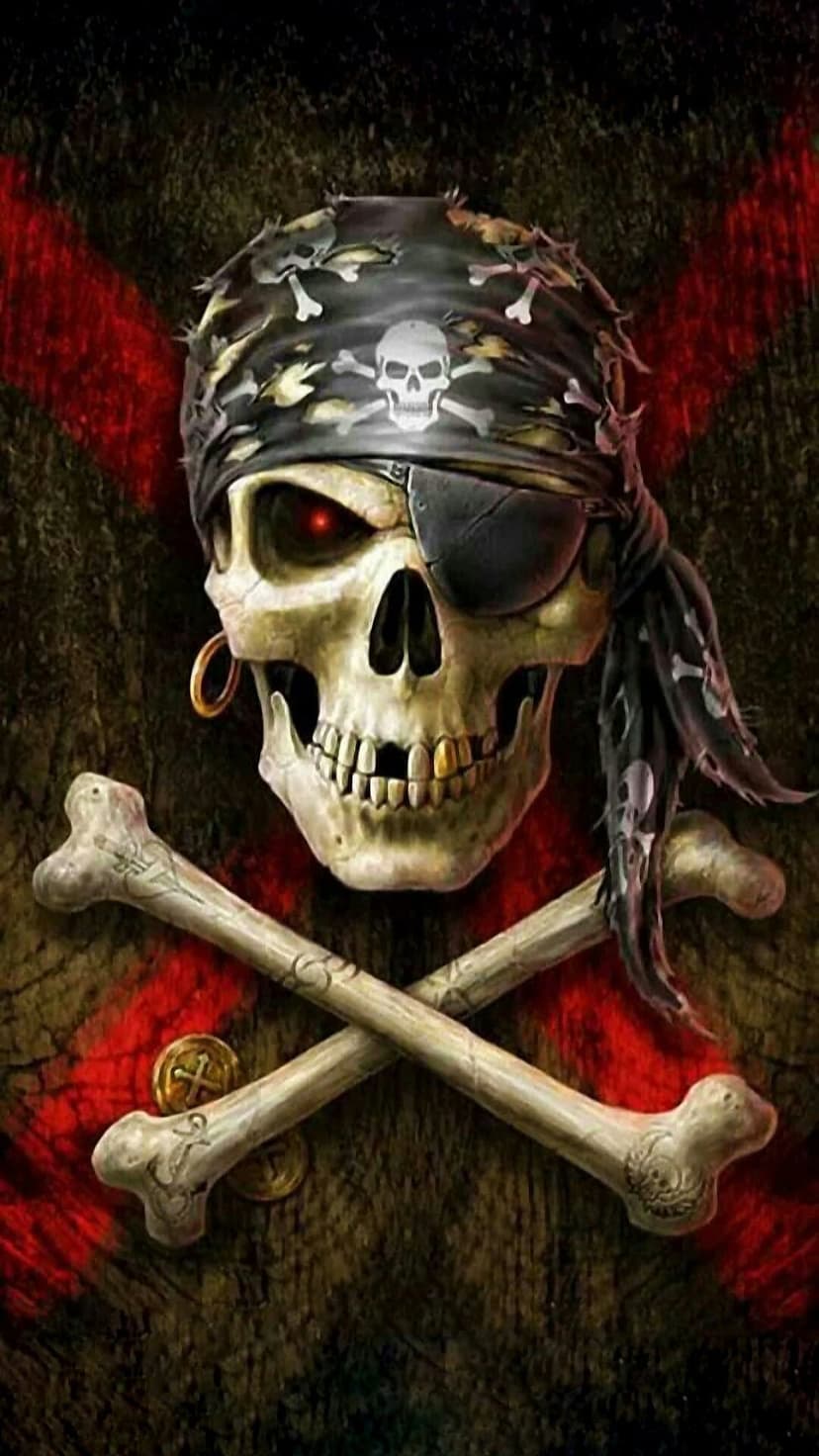 Pirate skull with one glowing red eye, an eye patch, and gold teeth resting above crossed bones and gold coins.