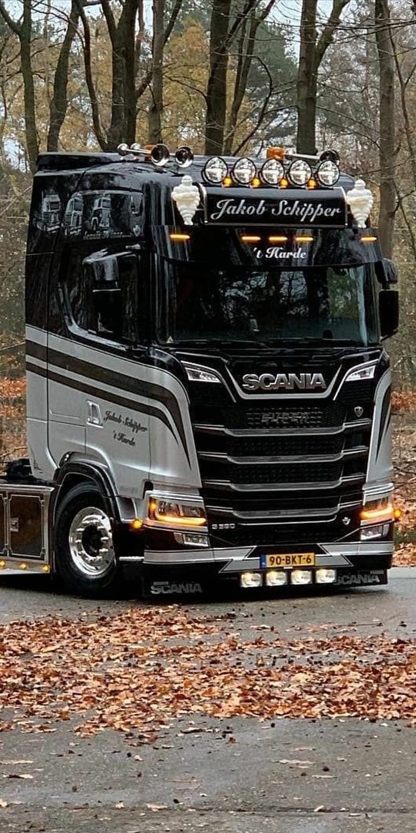 Scania R 500 truck in black and silver parked on a road covered in orange autumn leaves under forest trees.