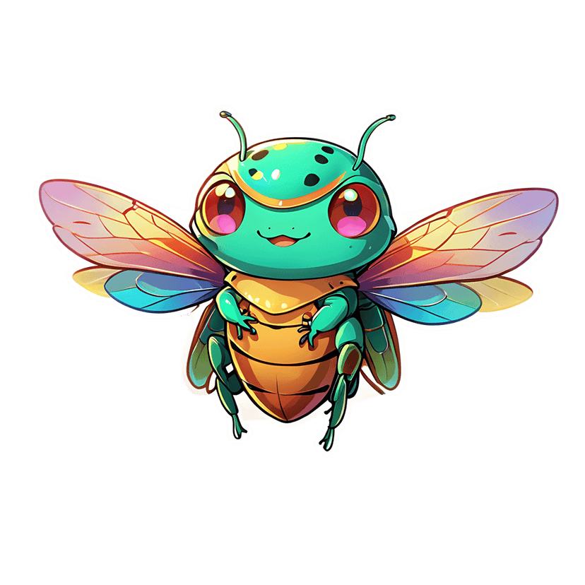 Teal gold insect sticker with iridescent wings and large eyes is displayed front-facing on a white background.