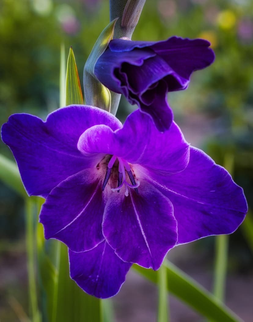 Purple gladiolus flower with delicate stamen and ruffled petals shown in sharp focus against green bokeh.
