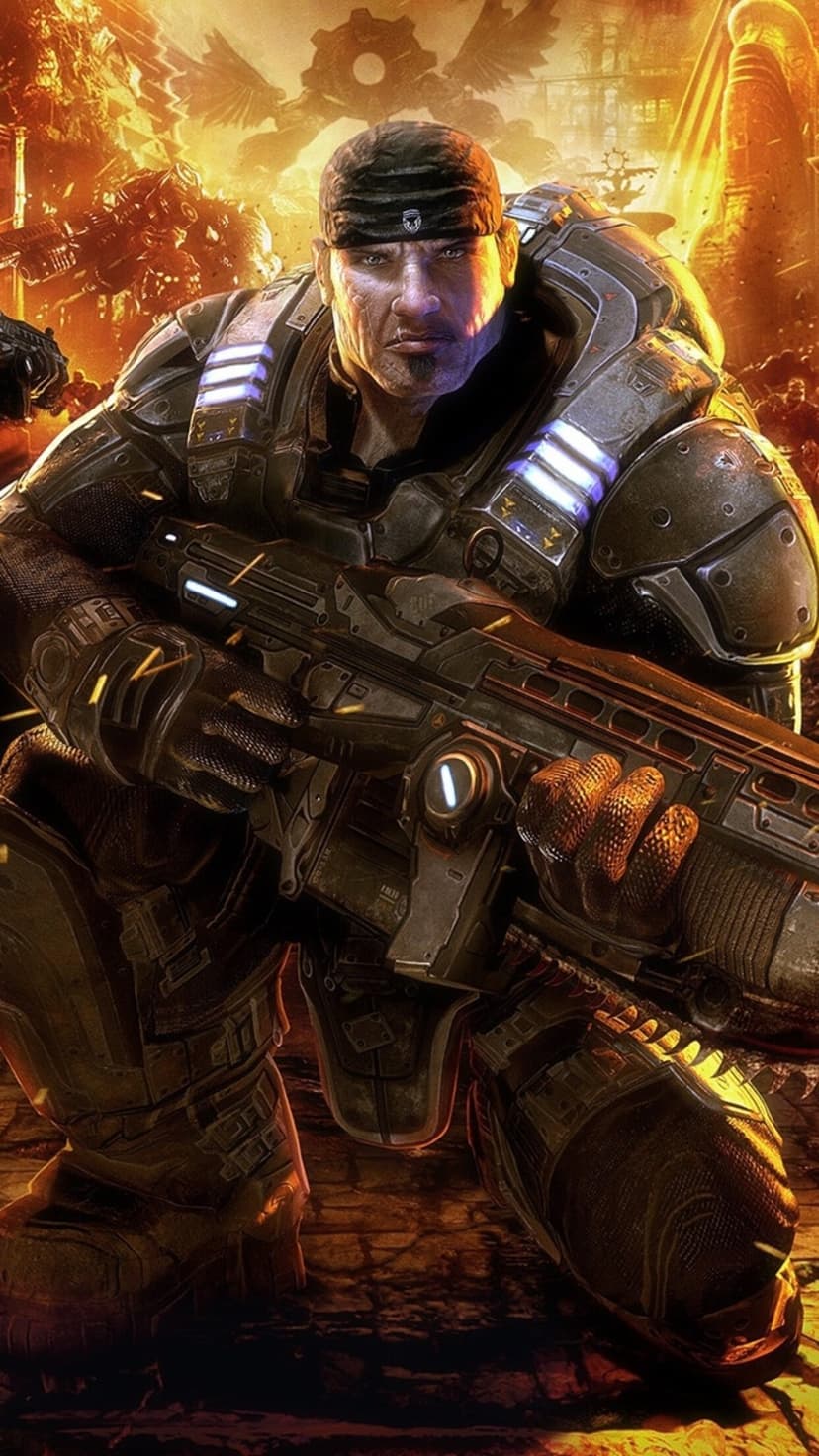 Marcus Fenix in COG armor holding a Lancer rifle against a fiery orange background with gear symbols.