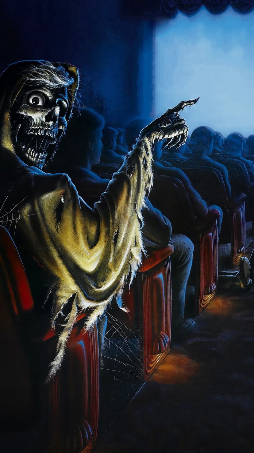 Grim Reaper with a skeletal face points a finger at a glowing cinema screen in a dark, cobweb-covered theater.