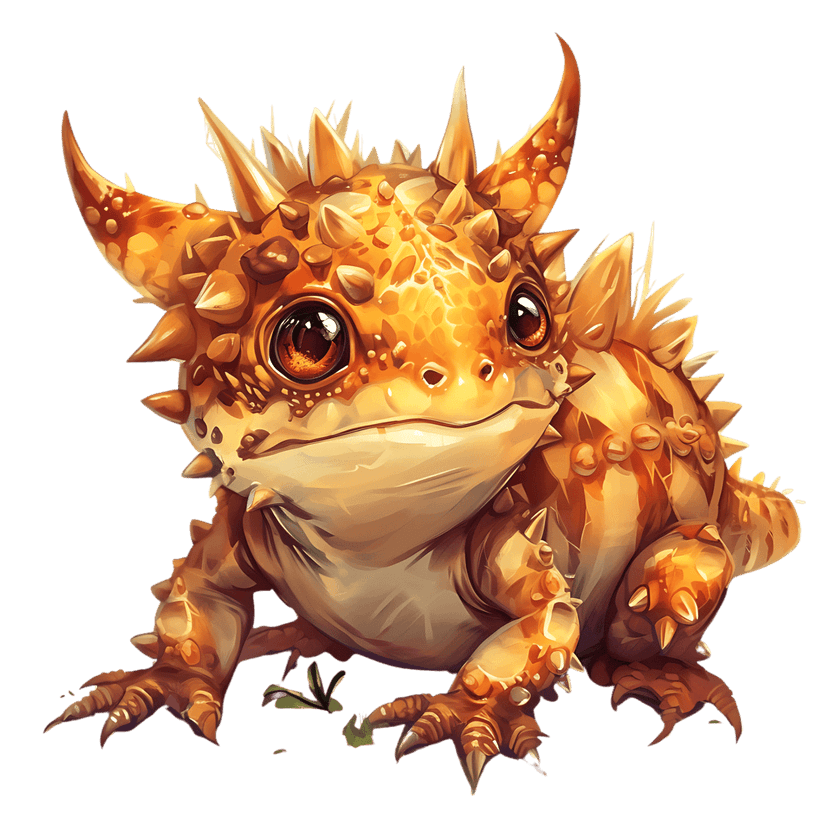 Spiky orange lizard fantasy creature featuring textured scales and horns isolated on a clear background.