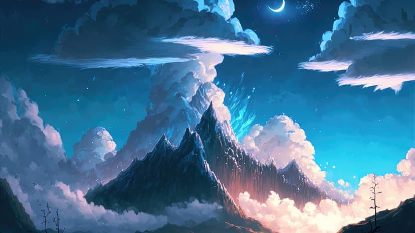 Starry night mountain landscape glowing with purple nebula clouds above jagged alpine peaks and celestial light.