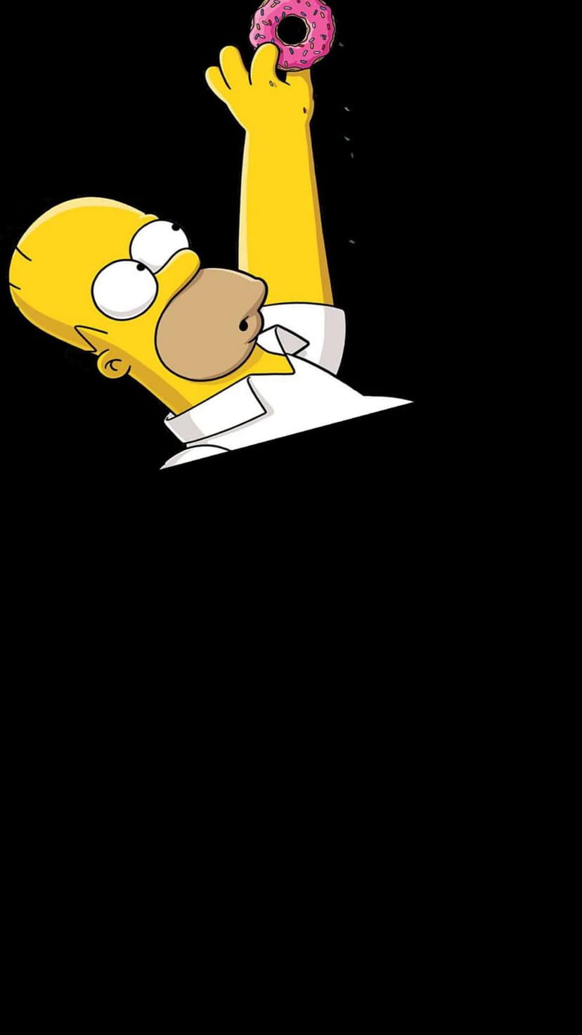 Homer Simpson reaches upward toward a frosted pink donut with sprinkles against a solid black background.