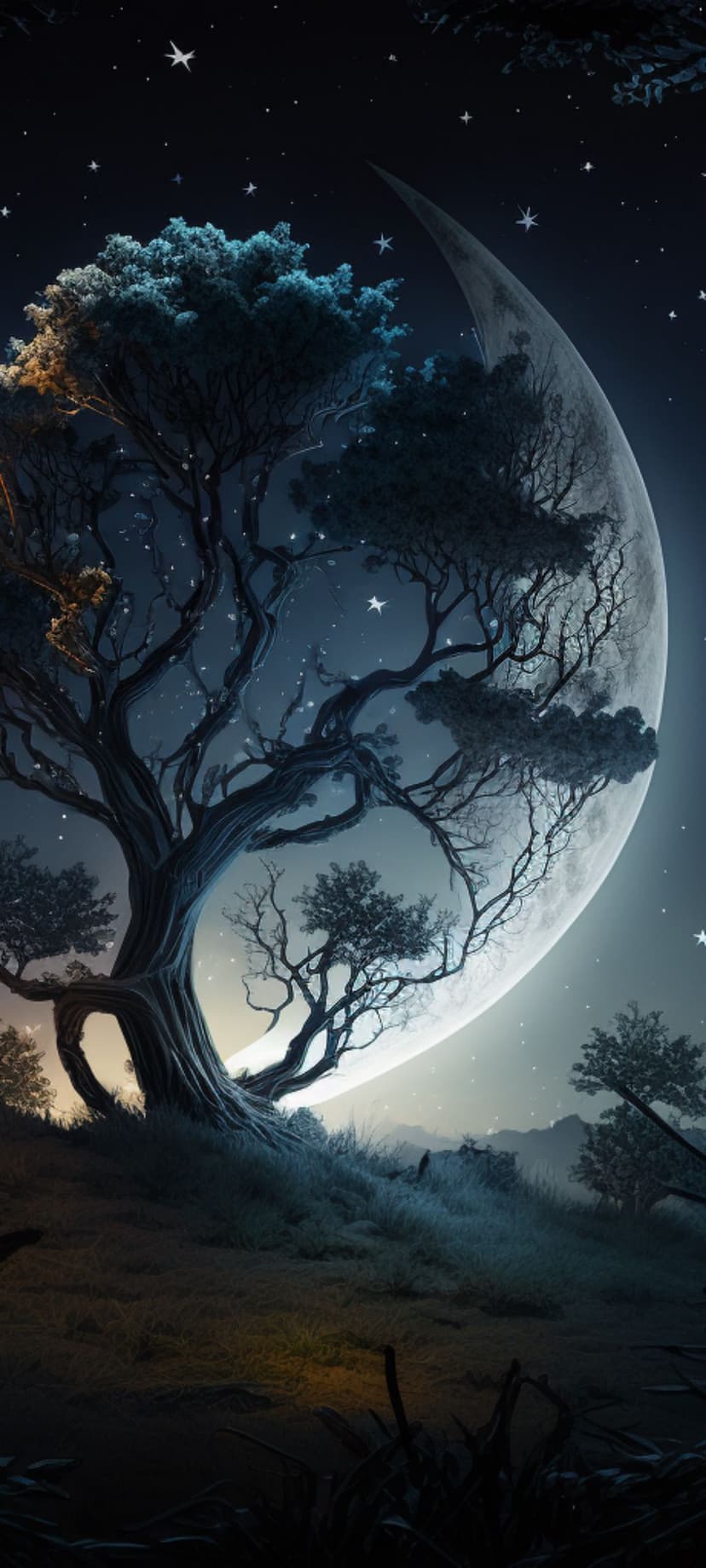 Gnarled tree silhouette standing before a massive glowing crescent moon amidst a dense field of twinkling stars.