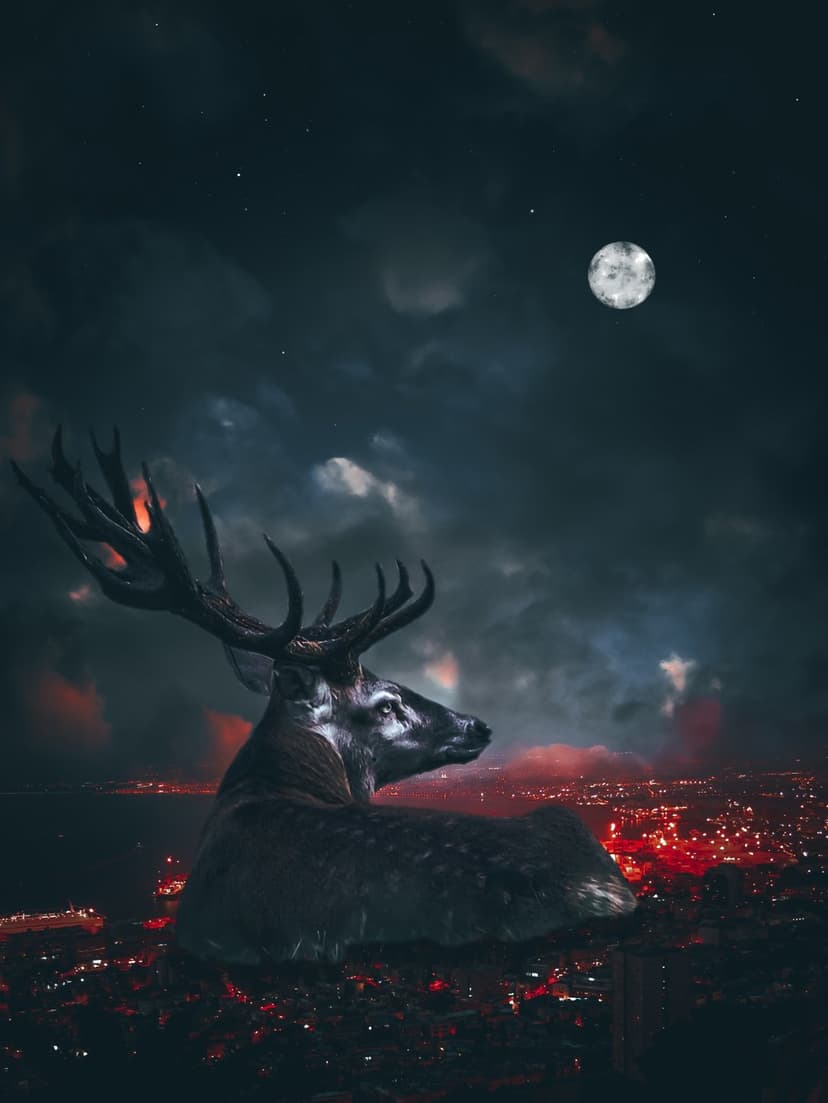Majestic stag with large antlers silhouetted against a full moon over a glowing red and orange cityscape.